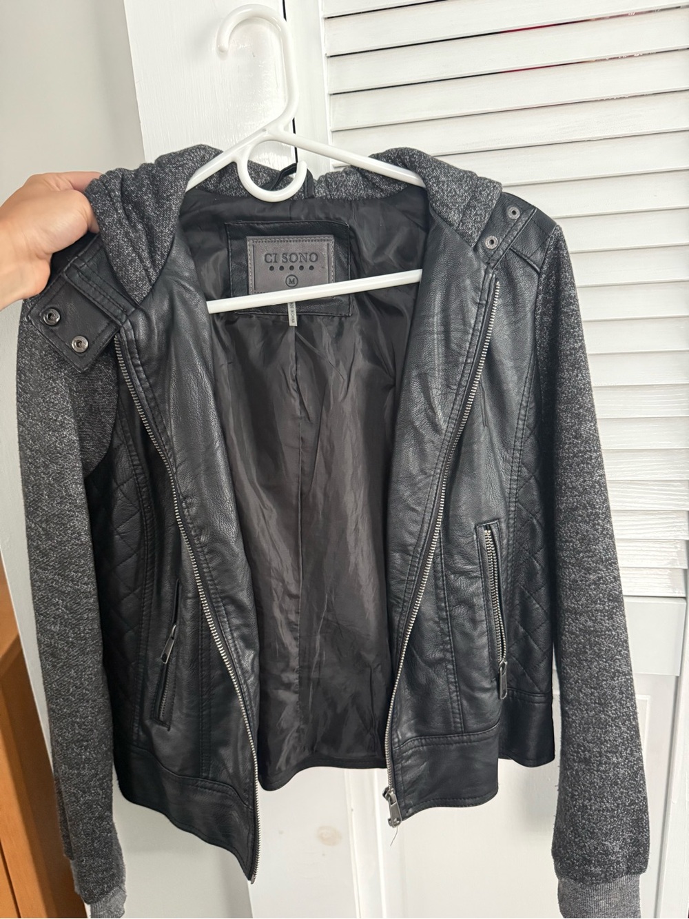 Ci Sono Black Faux Leather Jacket with Gray Knit Hood & Sleeves